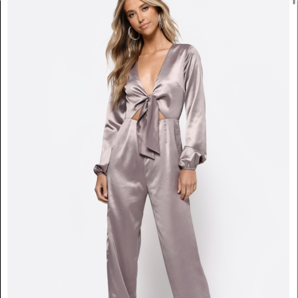 Tobi Satin Tie-Front Jumpsuit in Silver